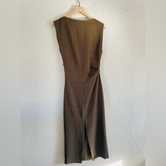 Zara Brown / Army Green Ruched Side Fitted Midi Cocktail Dress NWT - Picture 4 of 16